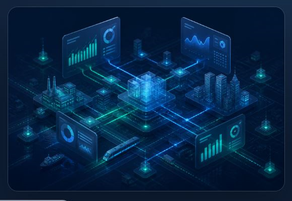 Isometric illustration of a connected enterprise platform: cloud connectivity, balanced scorecard assessment, and transport intelligence